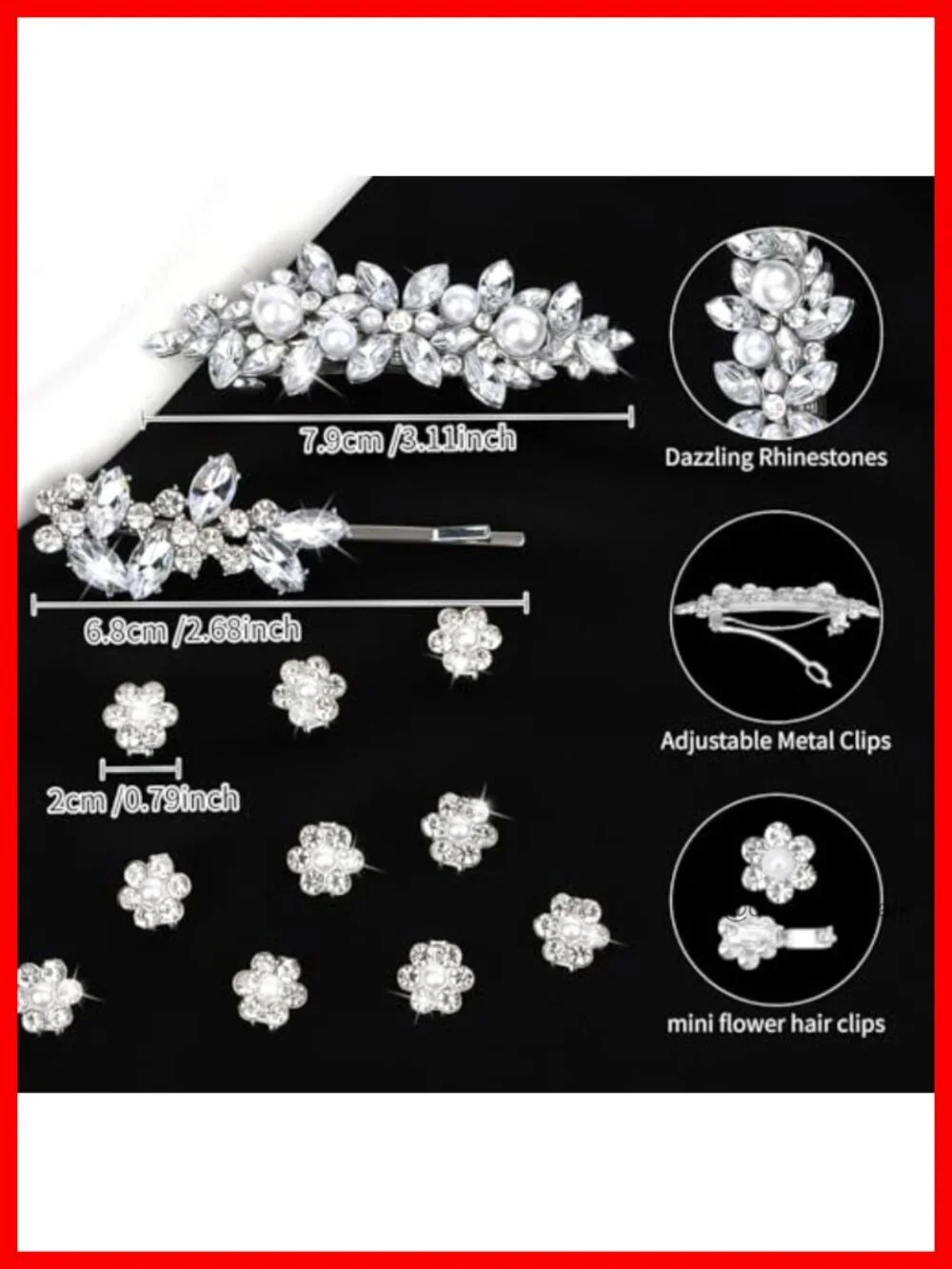 12 Rhinestone Pearl Hair Clips Set - Bride Bridesmaid Prom Alligator Clips